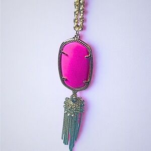 Kendra Scott Long Pink Tassel Necklace, Gold tone, Large Pendant, W/ Bag